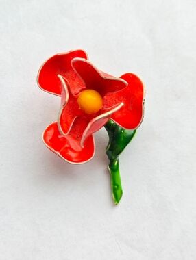 Vintage Mid Century Metal Enamel Flower Brooch Red Orange & Yellow w/ Stem